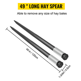 Hay Spear Spears 49" Spike 4000 lbs Attach Square Hay Bale Spears 2 Pics Forks w/Hex Nut & Sleeve for Tractors Loaders