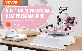 Heat Press Machine 12 x 15 inch  8 in 1 Heat Transfer Machine 360° Swing Away T-Shirt for T-Shirts/Mugs/Hats/Plates Pink