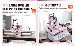 Heat Press Machine 12 x 15 inch  8 in 1 Heat Transfer Machine 360° Swing Away T-Shirt for T-Shirts/Mugs/Hats/Plates Pink