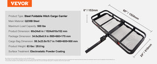 47/53/60 in Hitch Cargo Carrier 400/500lb Capacity Trailer Hitch Mount Aluminum Cargo Basket for SUV Truck Pickup Camping