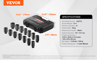 Axle Nut Impact Socket Set 1/2" Drive Deep 6 12-Point 14-Piece Metric Spindle Nut Socket Set CR-V Heat Treated Socket Set