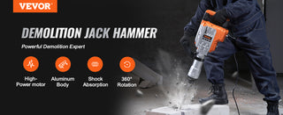 1700W Demolition Jack Hammer 60J Electric Jackhammer Concrete Breaker with 2 Chisel Bits for Trenching and Breaking Holes