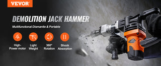 1400W Demolition Jack Hammer Electric Jackhammer Heavy Duty 2900 BPM Concrete Breaker 2pcs Chisels Bits Chipping