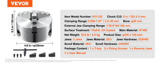 3-Jaw Lathe Chuck 100/125/160/200/250 mm Self-Centering Lathe Chuck Multiple Clamping Range for Lathe 3D Printer Machining