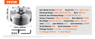 3-Jaw Lathe Chuck 100/125/160/200/250 mm Self-Centering Lathe Chuck Multiple Clamping Range for Lathe 3D Printer Machining