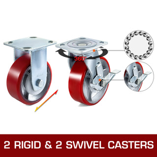 4 Pack 6" x 2" Heavy Duty Iron Core Polyurethane 2 Rigid and 2 Swivel Casters  With Side Brake 1000LBS Capacity Per Wheel