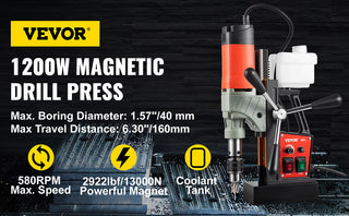 Magnetic Drill, 1200W 1.57" Boring Diameter, Portable Electric Mag Drill Press w/Variable Speed, 580RPM Drilling Machine