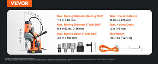 1450W Magnetic Drill 2" Boring Diameter 12500/12800N Portable Electric Mag Drill Press 800 RPM Magnetic Drilling Machine