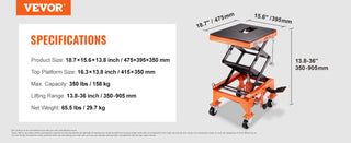 Hydraulic Motorcycle Lift Table 350 LBS Capacity Motorcycle Scissor Jack Lift with Wide Deck J-hooks 4 WheelsHydraulic