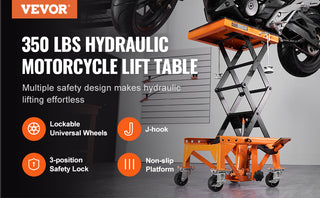 Hydraulic Motorcycle Lift Table 350 LBS Capacity Motorcycle Scissor Jack Lift with Wide Deck J-hooks 4 WheelsHydraulic