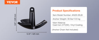 River Anchor 12/30 LBS Boat Anchor Cast Iron Black Vinyl-Coated with Shackle Marine Grade Mushroom Anchor Up To 10 ft